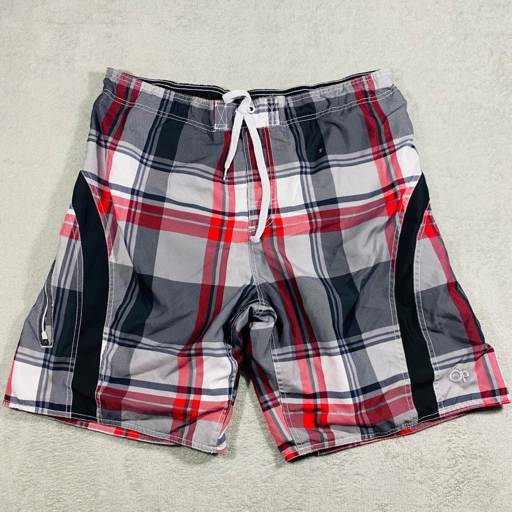 Ocean Pacific Swim Trunks Mens‎ XL Grey Red Plaid Board Shorts OM23223Y